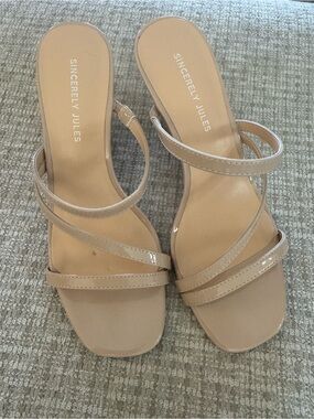 Sincerely Jules Patent Nude Multi-Strap Slide Heels